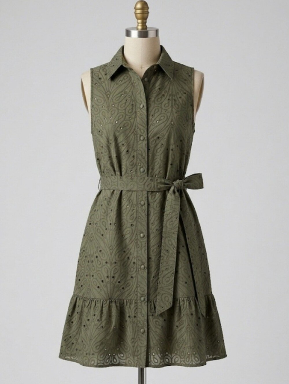 Loft Olive Green Eyelet Sleeveless Dress Size XL Weekend Brunch
